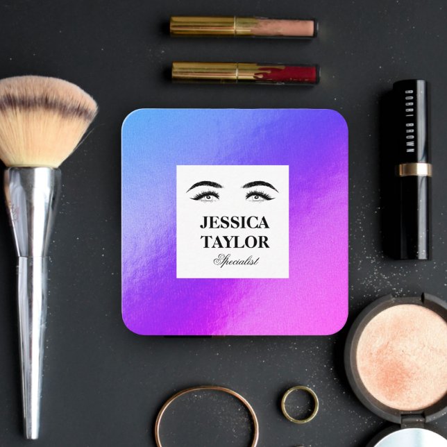 Carte De Visite Carré Élégant cils carré holographique violet (Lashes illustration in purple holographic - makeup artist square business card)