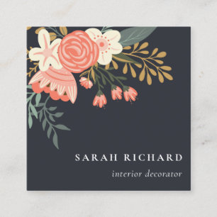 Carte De Visite Carré Élégant Dusky Orange Noir Blush Ambrosia Floral