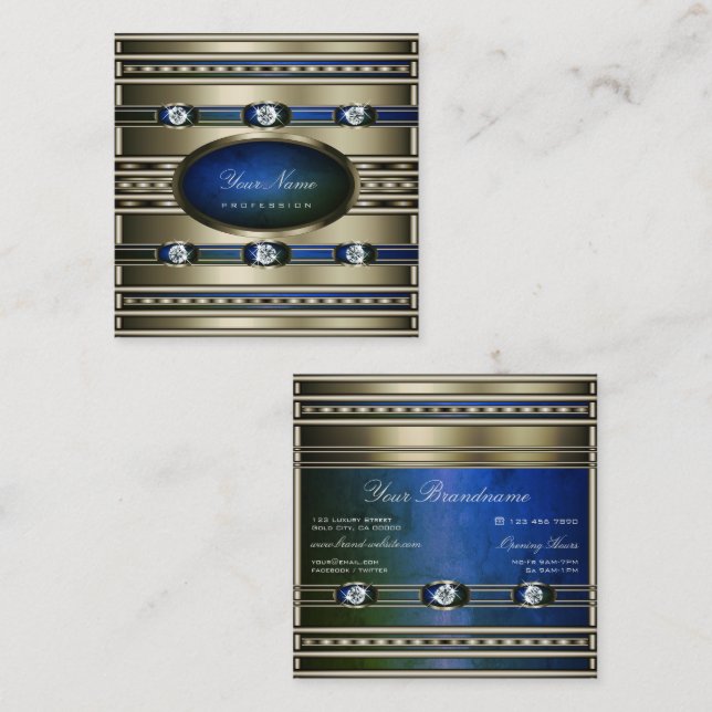 Carte De Visite Carré Elégant effet Argent Bleu et Vert marbre Patten (Devant / Derrière)