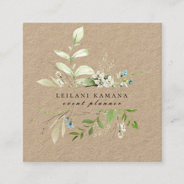 Carte De Visite Carré Elégant Fleur sauvage d'aquarelle Botanique Kraft (Devant)
