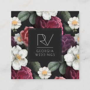 Carte De Visite Carré Élégant Floral Foncé Vintage sur Fond Noir   Monog