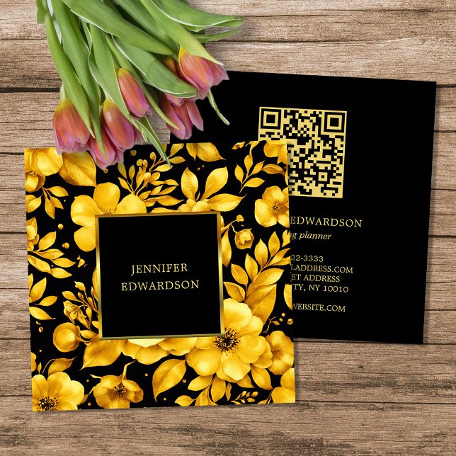 Carte De Visite Carré Elegant gold black flowers QR code professional (Elegant gold black flowers QR code professional Square Business Card.)