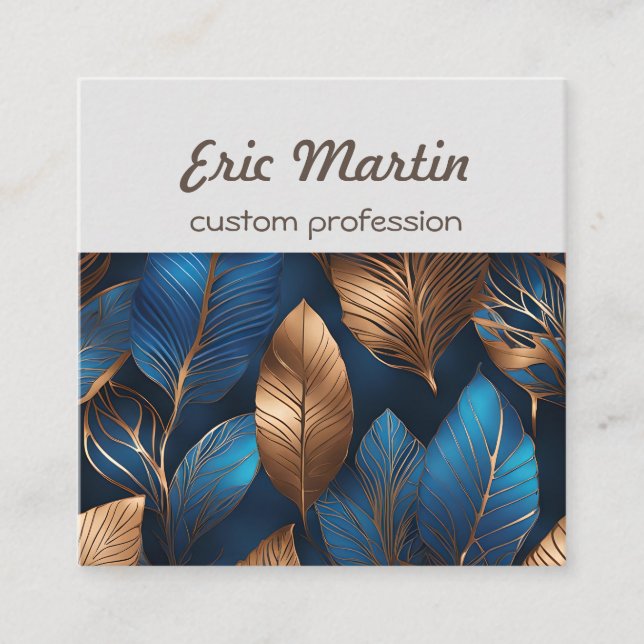Carte De Visite Carré Elégant Gold Blue Foliage Nature Design (Devant)