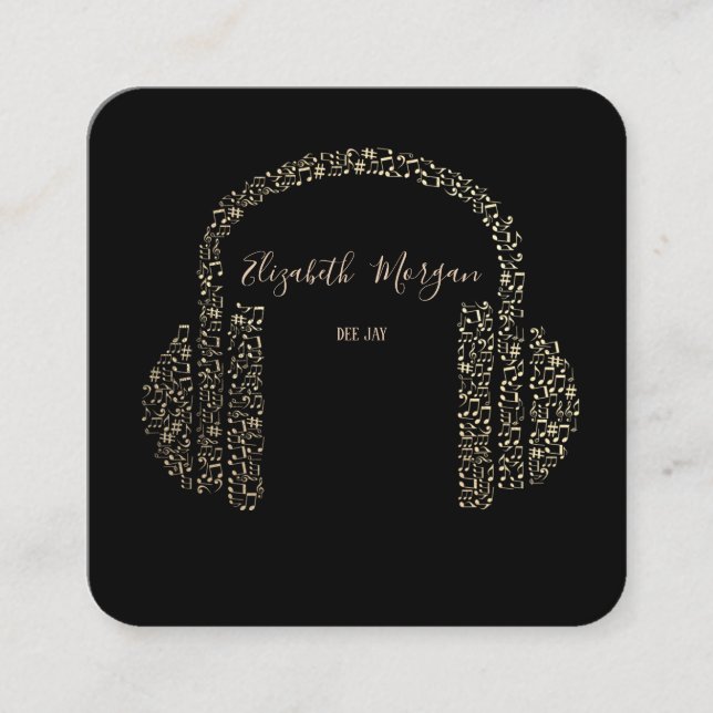 Carte De Visite Carré Elegant Gold Music Notes Headphone DJ (Devant)
