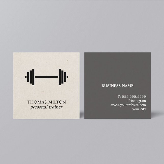 Carte De Visite Carré Élégant Gras Papier Beige Black Dumbbell Trainer (Créateur téléchargé)