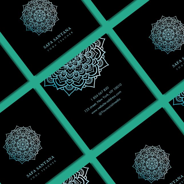 Carte De Visite Carré Élégant instructeur de Yoga Turquoise Lotus Mandal (Créateur téléchargé)