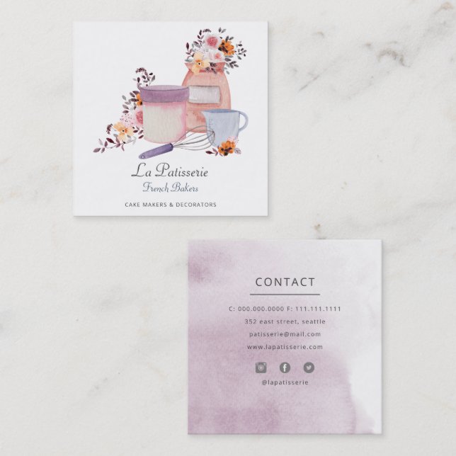 Carte De Visite Carré Élégant Mariage Fleur Cuisine boulangerie boulange (Devant / Derrière)