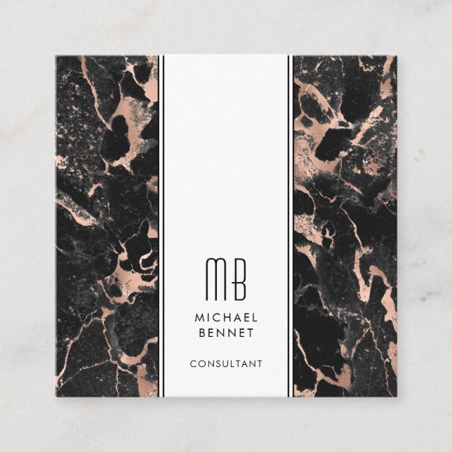Carte De Visite Carré Élégant Monogram Rose Gold Black Consultant (Devant)