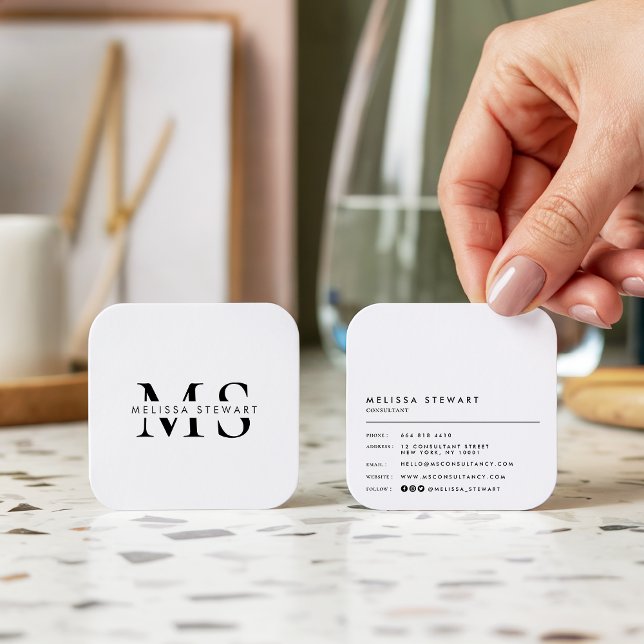 Carte De Visite Carré Élégant monogramme moderne noir blanc arrondi (Elegant monogram modern black white rounded)