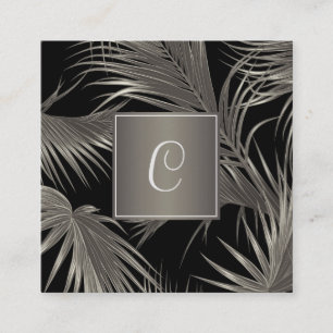 Carte De Visite Carré Elégant Motif de palme Platine avec Monogramme