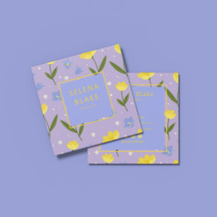 Carte De Visite Carré Elégant motif floral - Fleurs jaunes et bleues,
