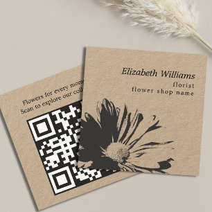 Carte De Visite Carré Élégant motif floral foncé Kraft code QR fleuriste