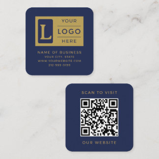 Carte De Visite Carré Elegant Navy Blue Gold QR Code Custom Logo