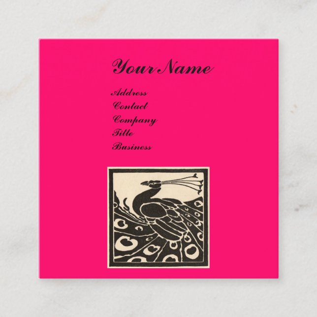 CARTE DE VISITE CARRÉ ÉLÉGANT NOIR BLANC ROSE CHAUD MONOGRAMME PAON (Devant)