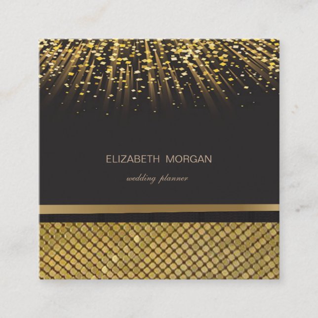 Carte De Visite Carré Elégant noir élégant, Séquins d'or, Foil Confetti (Devant)