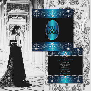 Carte De Visite Carré Élégant noir Turquoise bleu ornat ornat avec logo