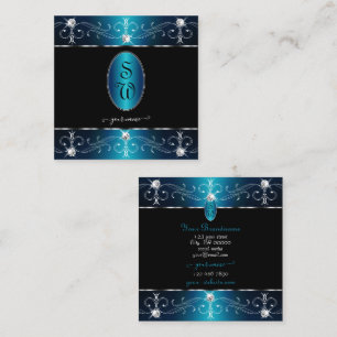 Carte De Visite Carré Élégant Noir Turquoise Bleu Ornat Ornements Initia