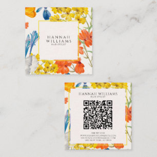 Carte De Visite Carré Elégant Orange QR Code motif floral moderne