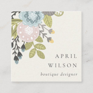 Carte De Visite Carré Élégant Pastel Boho Blush Blue Green Leafy Flora