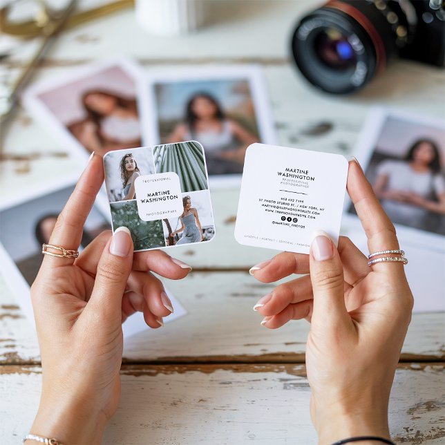 Carte De Visite Carré Elégant photographe frontière blanche moderne mini (Elegant white border photographer modern minimal)