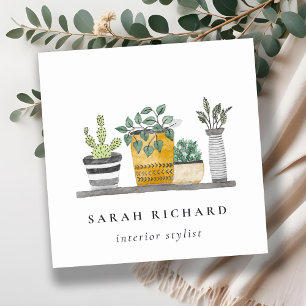 Carte De Visite Carré Elégant Plante à pots Maison Aquarelle Botanique