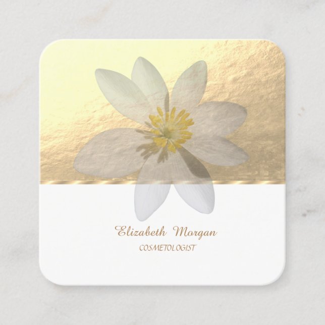 Carte De Visite Carré Élégant professionnel, Faux Gold, White Daisy (Devant)