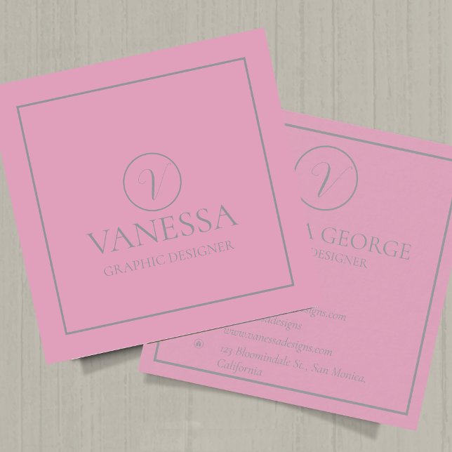 Carte De Visite Carré Élégant rose mignon moderne Monogramme personnalis (Elegant Cute Pink Modern Monogram Custom Square Business Card)