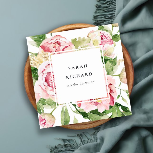 Carte De Visite Carré Elégant rose rose vert Aquarelle Peony Floral (Créateur téléchargé)