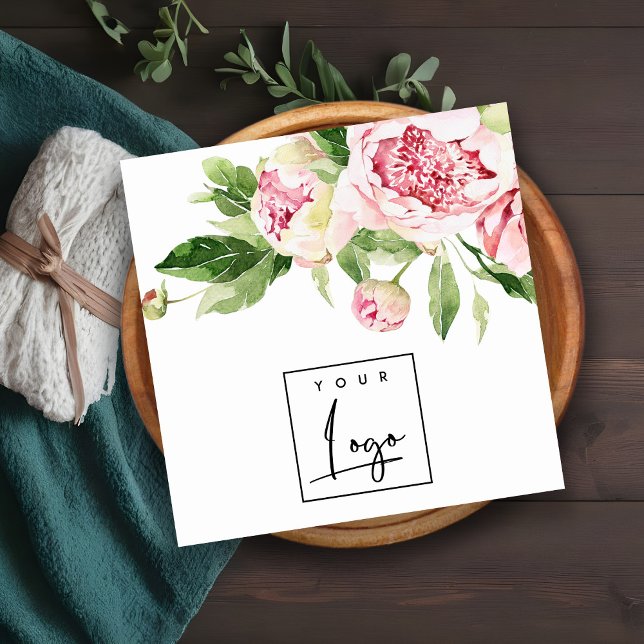 Carte De Visite Carré Élégant rose vert Aquarelle Peony Logo Floral (Créateur téléchargé)