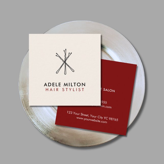 Carte De Visite Carré Elégant Rouge Ecru Blanc Bobby Pins Cheveux (Créateur téléchargé)