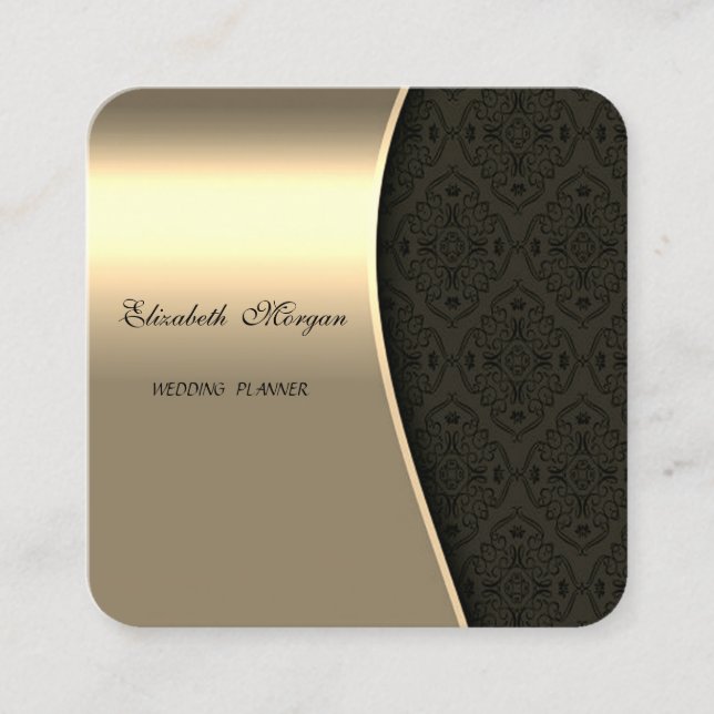 Carte De Visite Carré Elégant Sophistiqué Faux Gold, Black Damask (Devant)