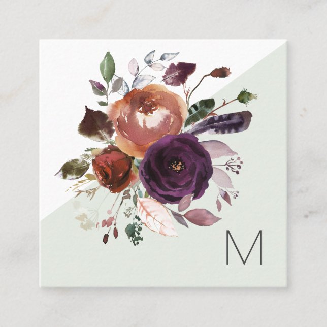 Carte De Visite Carré Élégant violet or Bourgogne Floral Monogramme (Devant)