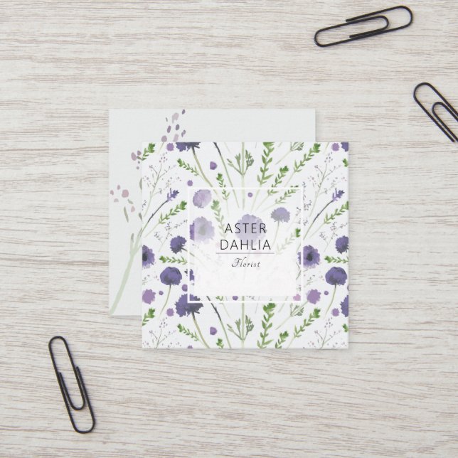 Carte De Visite Carré Elégant violet vert aquarelle Fleurs (Devant/Arrière en situation)