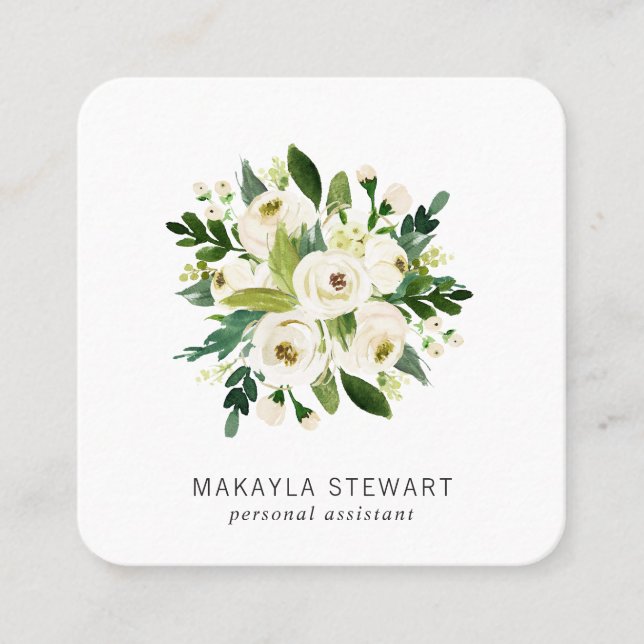 Carte De Visite Carré Elégante aquarelle blanche Bouquet floral (Devant)