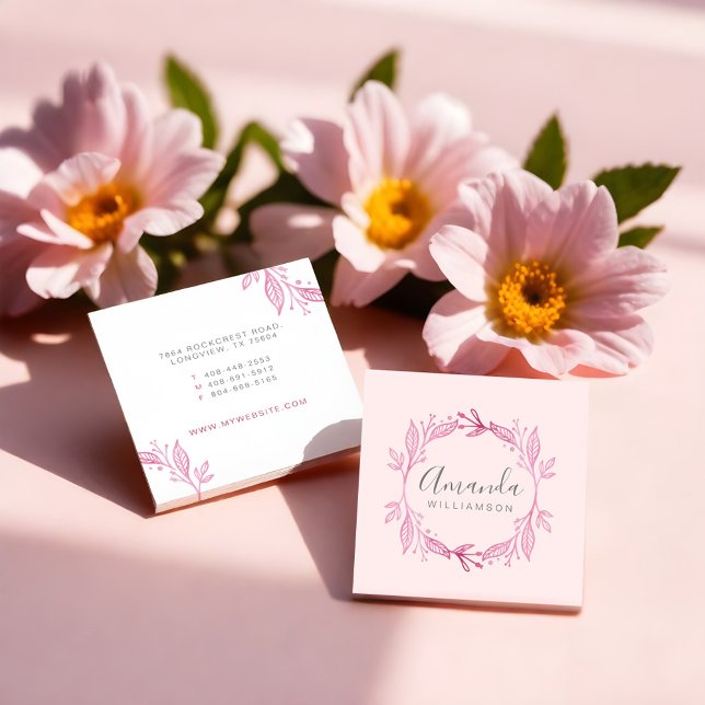 Carte De Visite Carré Elégante aquarelle florale rose poitrine botanique (Pink Elegant Floral Watercolor Botanical Crest Square Business Card)
