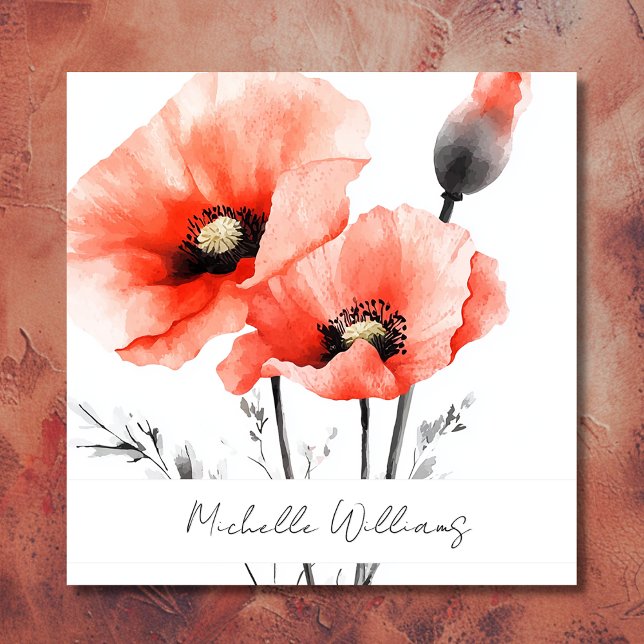 Carte De Visite Carré Elégante aquarelle Rouge Poppy Floral (Front - Elegant Watercolor Red Poppy Floral Square Business Card)