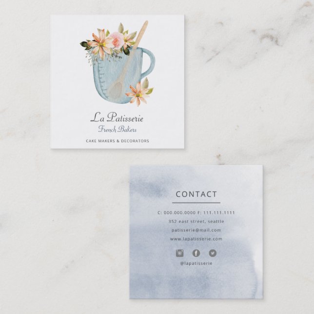 Carte De Visite Carré Élégante Bleu Floral Mariage boulangerie boulanger (Devant / Derrière)