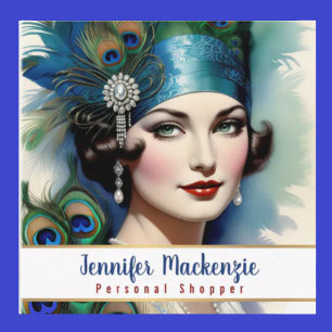 Carte De Visite Carré Élégante Blue Gold Peacock Femme