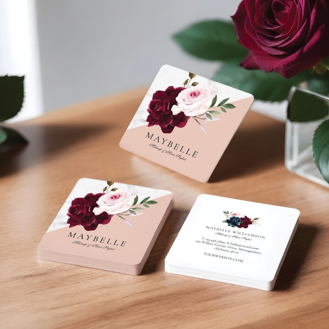 Carte De Visite Carré Elégante Bourgogne & Marbre blanc Aquarelle Floral (Elegant Burgundy & White Marble Watercolor Floral Square Business Card)