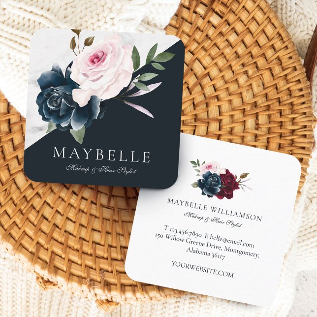 Carte De Visite Carré Elégante Burgundy & Marble Aquarelle Florale Navy (Elegant Burgundy & Marble Watercolor Floral Navy Square Business Card)