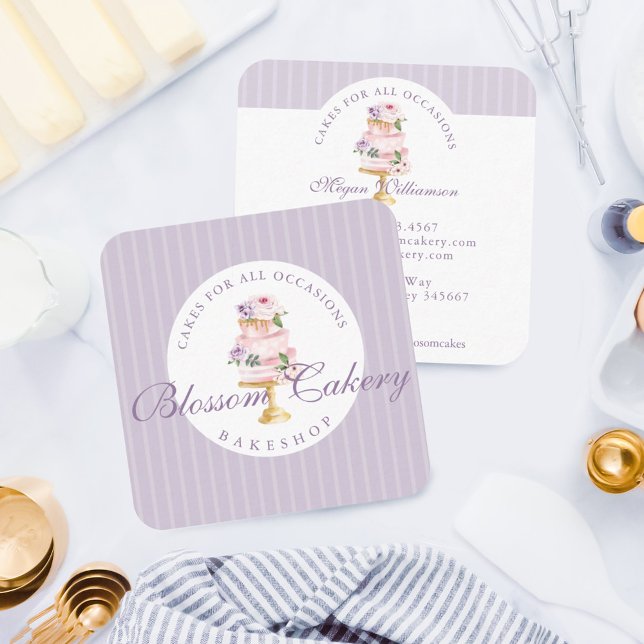 Carte De Visite Carré Elégante Chic Violet Aquarelle Floral Cake Bakery (Créateur téléchargé)