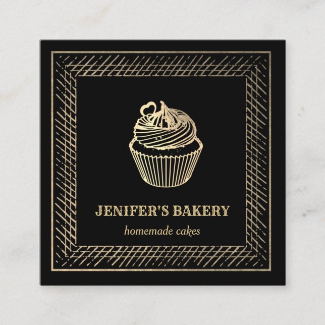 Carte De Visite Carré Élégante cuisine moderne en feuille d'or cupcake (Devant)