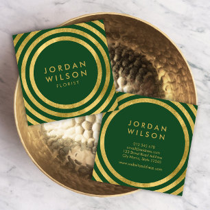 Carte De Visite Carré Elégante Green Faux Gold Round Lines géométrique