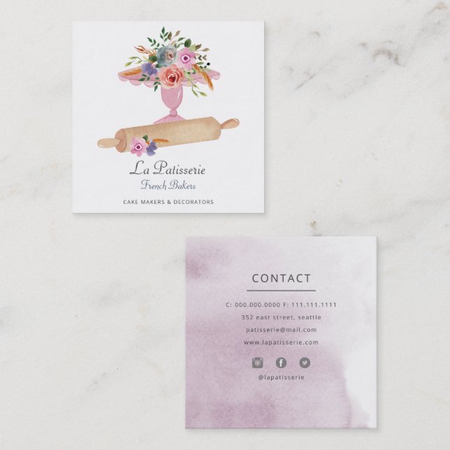 Carte De Visite Carré Élégante Mariage rose pâtisserie boulangerie (Devant / Derrière)