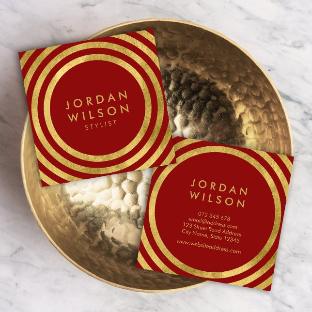 Carte De Visite Carré Elégantes lignes rouges rouges Faux Gold Rond géom (Créateur téléchargé)