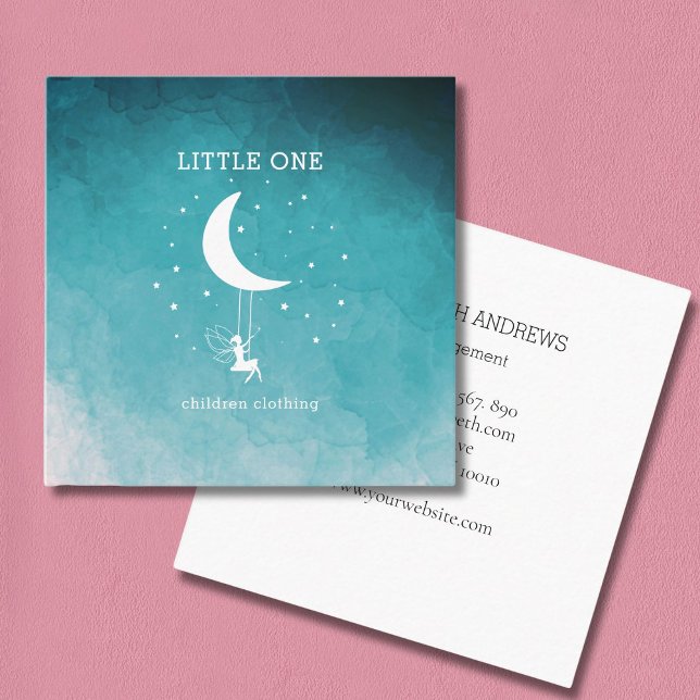 Carte De Visite Carré Elfe avec baguette magique Balançoire étoilée lune (Elf with Magic wand Swing Stars Moon Square Blue Business Card)