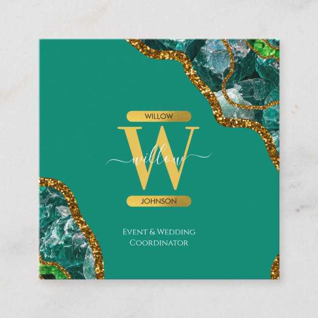 Carte De Visite Carré Emerald Green & Gold Agate Parties scintillant Mon (Devant)