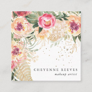 Carte De Visite Carré En fleurs Élégante peonie rose florale aquarelle