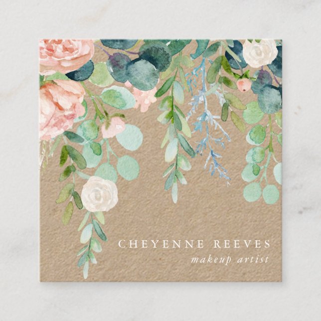 Carte De Visite Carré En floraison | Aquarelle rustique Floral (Devant)