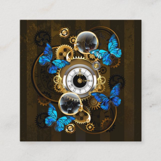 Carte De Visite Carré Engrenages à vapeur et papillons bleus (Devant)